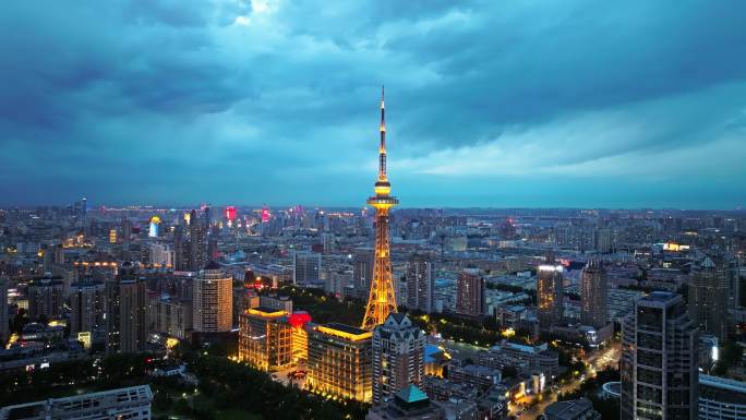 中国黑龙江哈尔滨龙塔城市夜景风光航拍