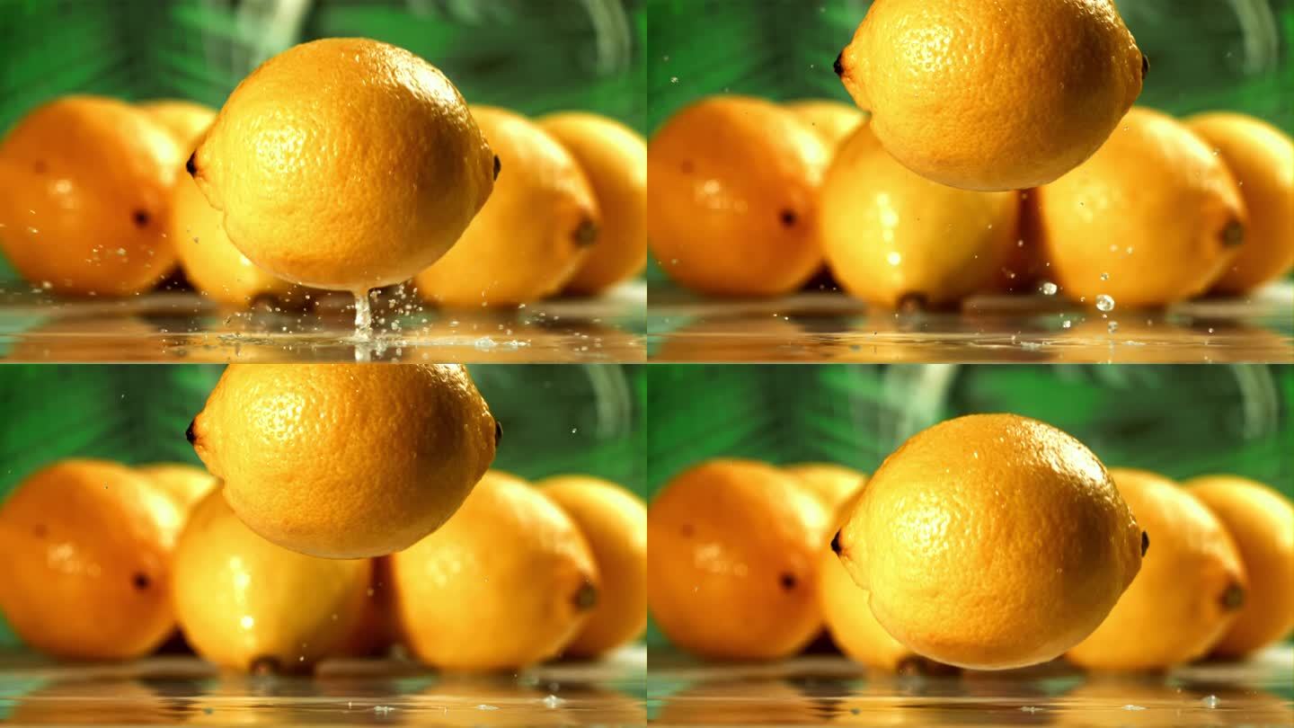 柠檬掉在湿桌子上。用高速摄像机拍摄，每秒1000帧。
