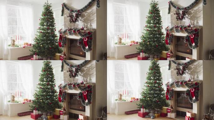 在一个和平的下雪的圣诞节早晨，空镜头描绘了节日的魔力:装饰在现代房子的角落里，有圣诞树，壁炉和礼物。