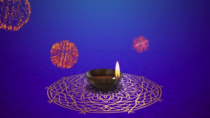 排灯节庆祝活动以五彩缤纷的烟花为背景，配上Diya灯