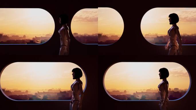 一个没有感情的半机械人女孩站在宇宙飞船的窗口附近