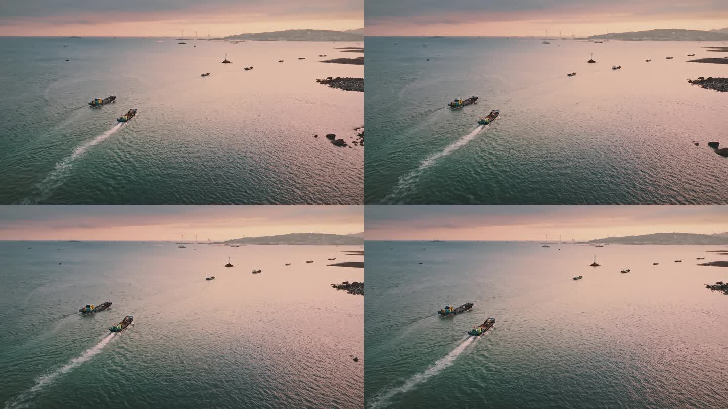 渔船清晨日出出海航拍