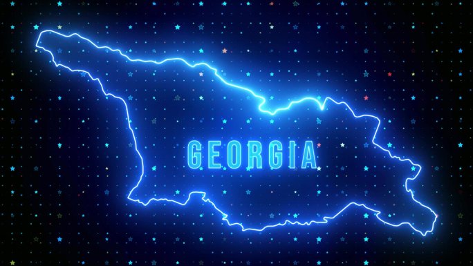 未来的蓝色闪耀格鲁吉亚轮廓地图和标签文本发光霓虹灯耀斑运动揭示与星星闪耀网格