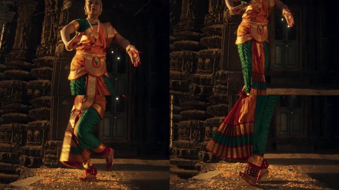 一位印度妇女的肖像，优雅地展示了巴拉塔纳塔姆舞蹈的腿部动作，穿着传统服装。古庙中南亚民族舞蹈与文化之