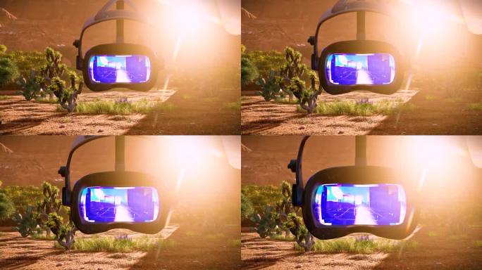 虚拟现实头戴式耳机的3d动画，展示了沙漠中的虚拟城市景观