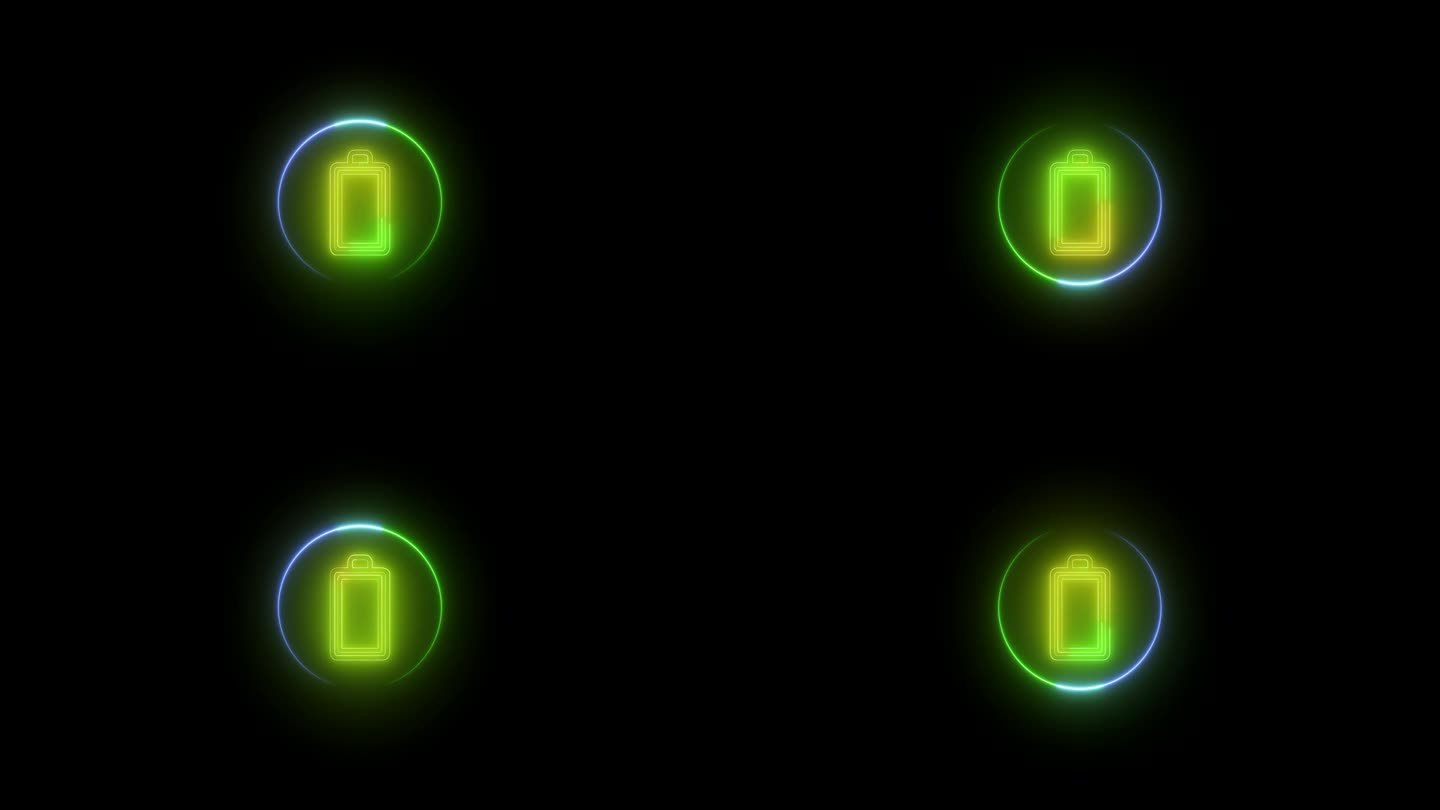 发光的电池标志图标。霓虹灯电池符号图标动画。