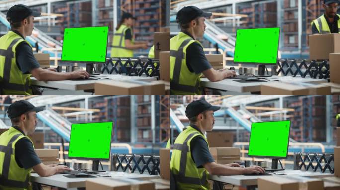 白人男性配货助理在配货设施使用绿屏Chromakey台式电脑。多民族男性仓库工人在自动传送带上装载纸