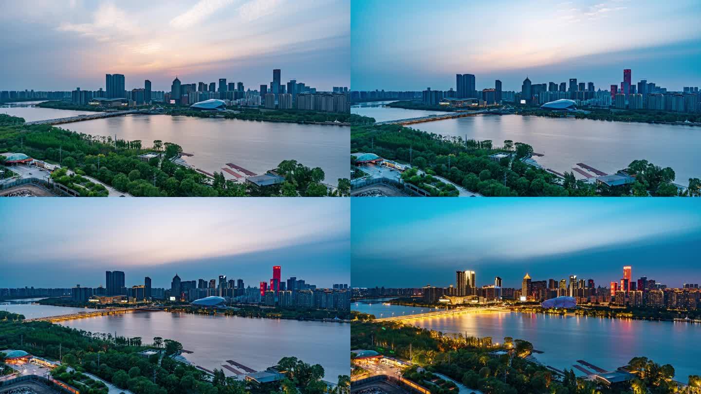 中国辽宁沈阳浑河两岸日转夜延时风光