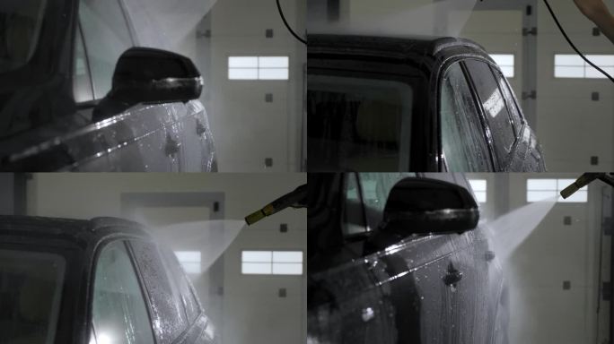 水柱打在汽车的后门、窗户和车顶上。