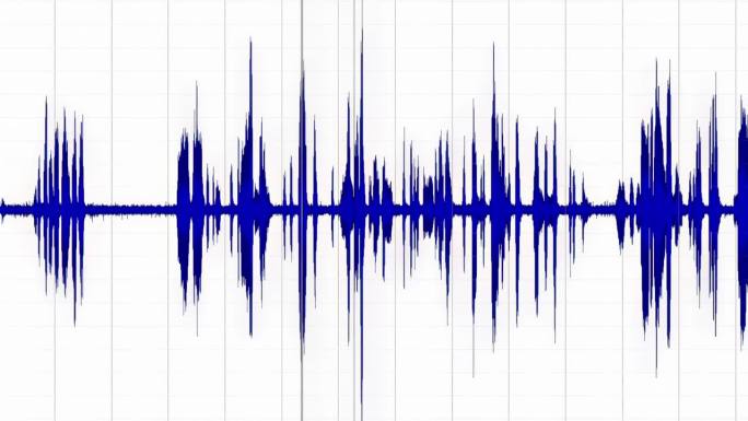 光标在白色背景上的X轴上的蓝色音频声波上移动。用于模拟对记录轨迹的法医检查。
