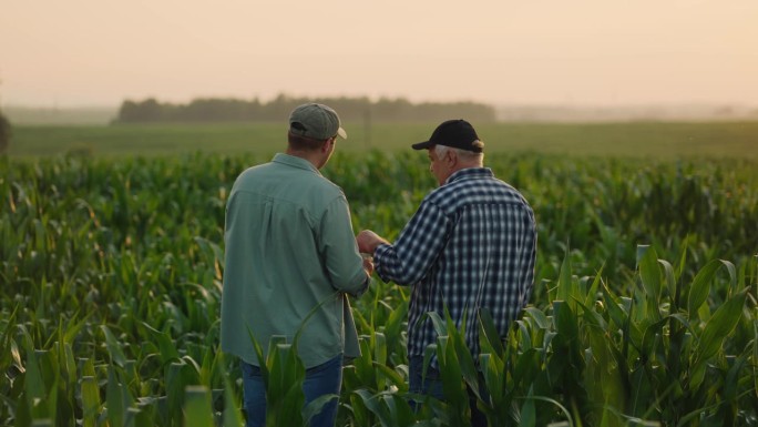 专业农艺师和经验丰富的农民讨论玉米田计划，后视图