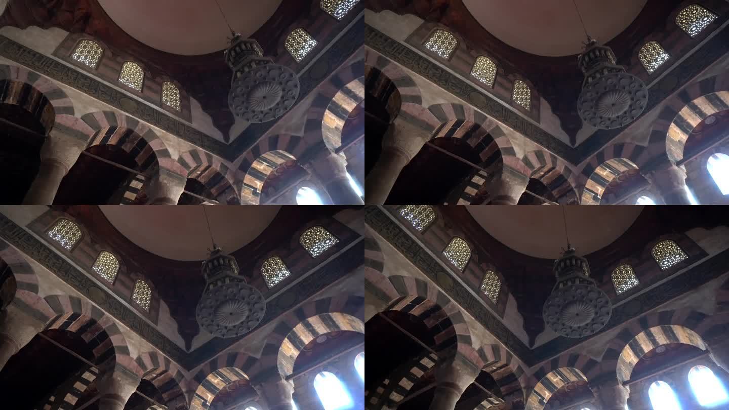 开罗，埃及穆罕默德阿里清真寺内部细节设计与枝形吊灯伊斯兰几何图案4k