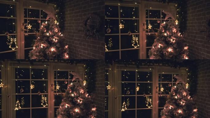 壁炉旁装饰的圣诞树
