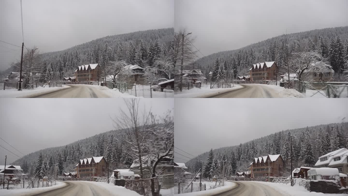 雪山公路沿路移动，美丽的冬季景观