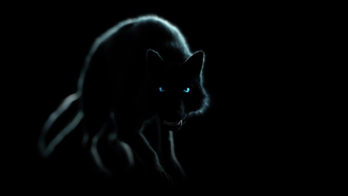 恐怖的狼:这只怪物在黑暗中行走，露出毒牙，还有可怕的眼睛。令人不安的灯光营造出一种恐怖的气氛。视频是