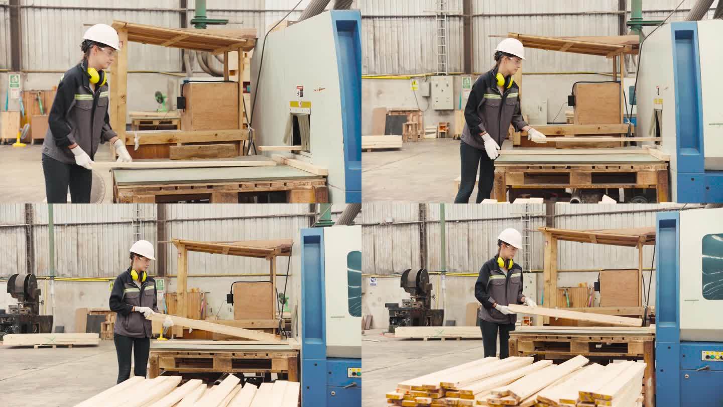 卡彭特使用大型工业机械。用于抛光木材表面和切割木材成块储存和出口