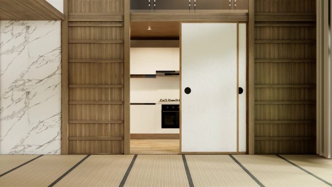 日本现代房间室内清洁室用榻榻米和日式灯。三维渲染