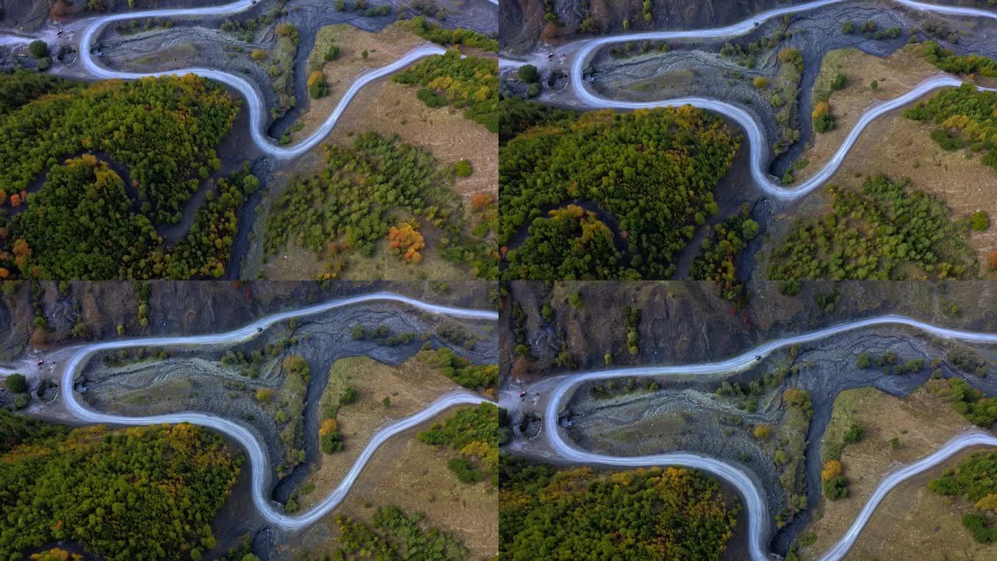 秋天，在五颜六色的树林里开车旅行。黑色轿车在峡谷中行驶的鸟瞰图。