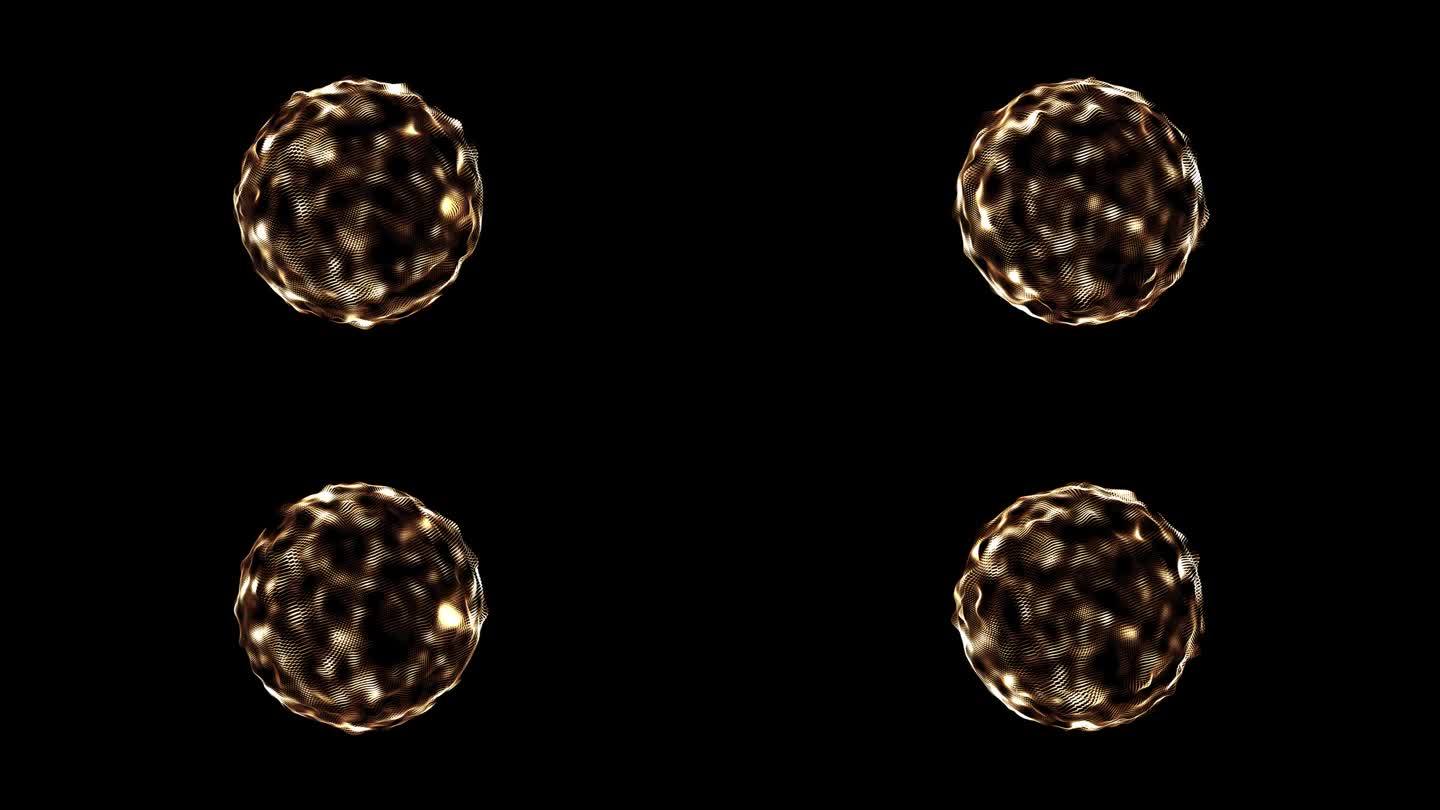 金色粒子豪华球动画在黑暗的背景，球金色的粒子，闪闪发光的金色球动画在黑色Bg。
