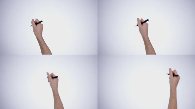 手，书写和数字笔规划，签名和演示在一个白色的工作室背景。特写，人物和模型的信息，图纸和想法与模型空间