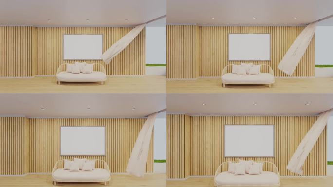 舒适的座位角与木条在后面。墙上的空画框，极简风格，配上飘逸的窗帘，晨风吹过。三维渲染