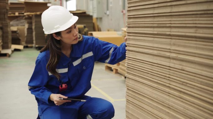 工业工厂工人纸板造纸厂工程师检查大型机器输送纸生产线