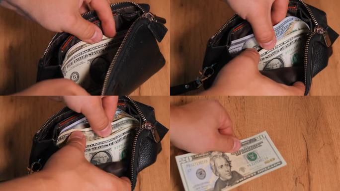 男手打开钱包，数钞票，拿出一张20美元的钞票交到女手里。