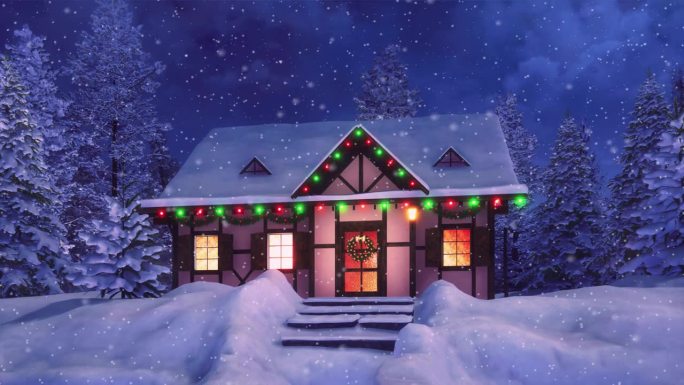 在下雪的冬夜为圣诞节装饰的舒适的乡村房子