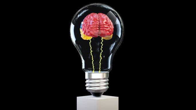 彩色的3d大脑在灯泡里旋转，伟大的思想概念，循环，反对黑色