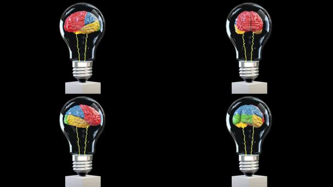 彩色的3d大脑在灯泡里旋转，伟大的思想概念，循环，反对黑色