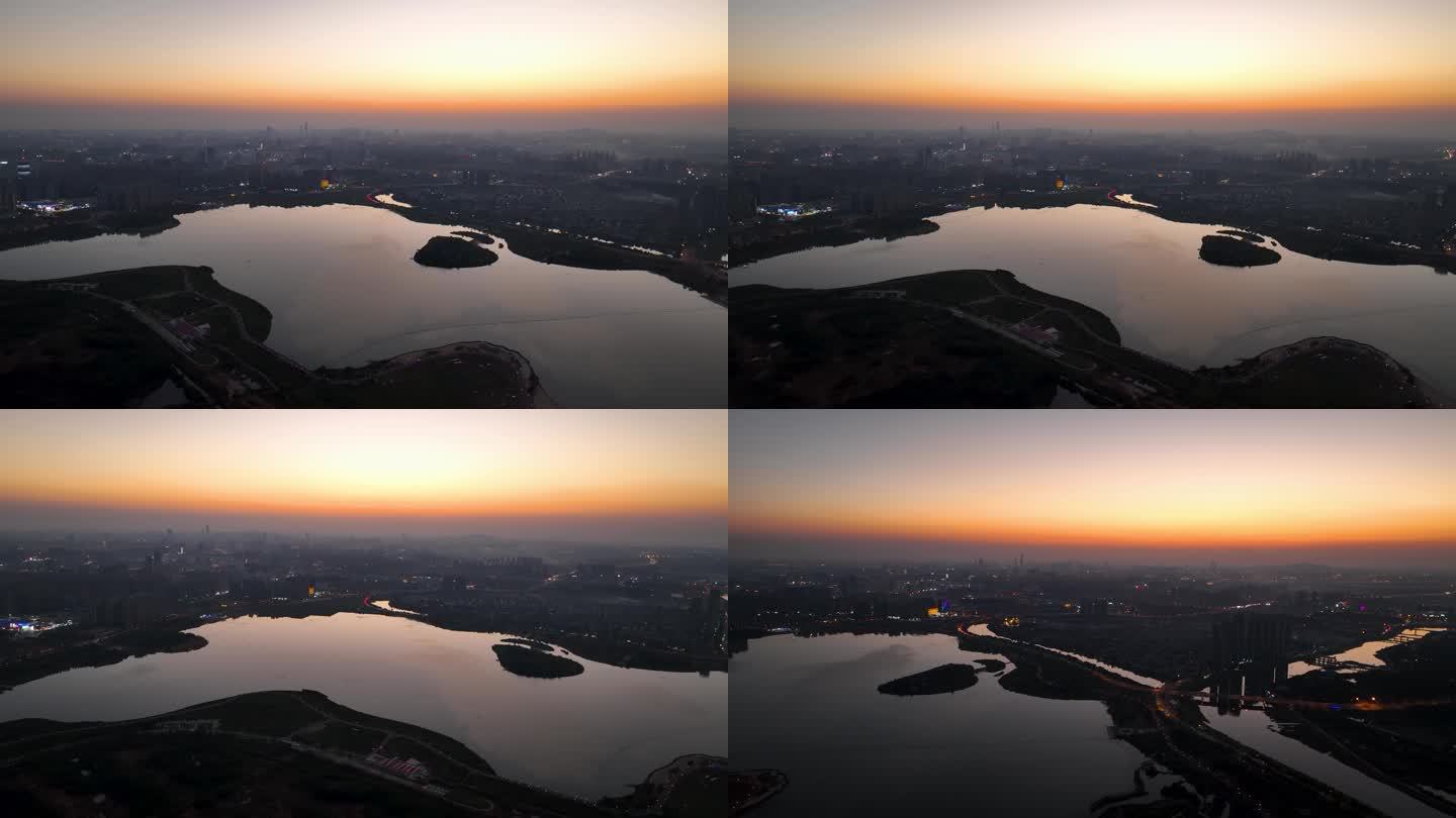 4K航拍夕阳黄昏下的长沙县松雅湖4