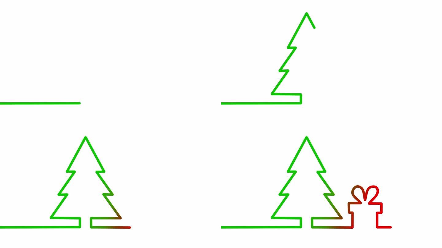 出现圣诞树和礼盒连续一线画
