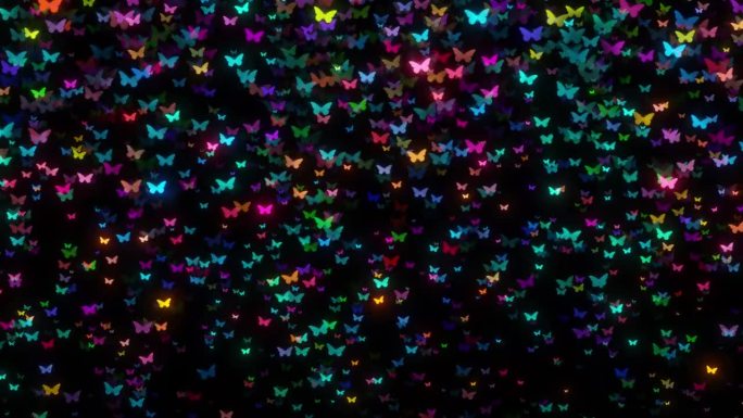 彩色发光的蝴蝶粒子落在黑暗的背景动画，抽象动画蝴蝶五彩纸屑雨。蝴蝶粒子动画。蝴蝶飞行幻想装饰背景。一