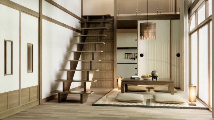 大房间室内设计在现代客厅黑色矮桌，灯，花瓶，和装饰日本风格。三维渲染