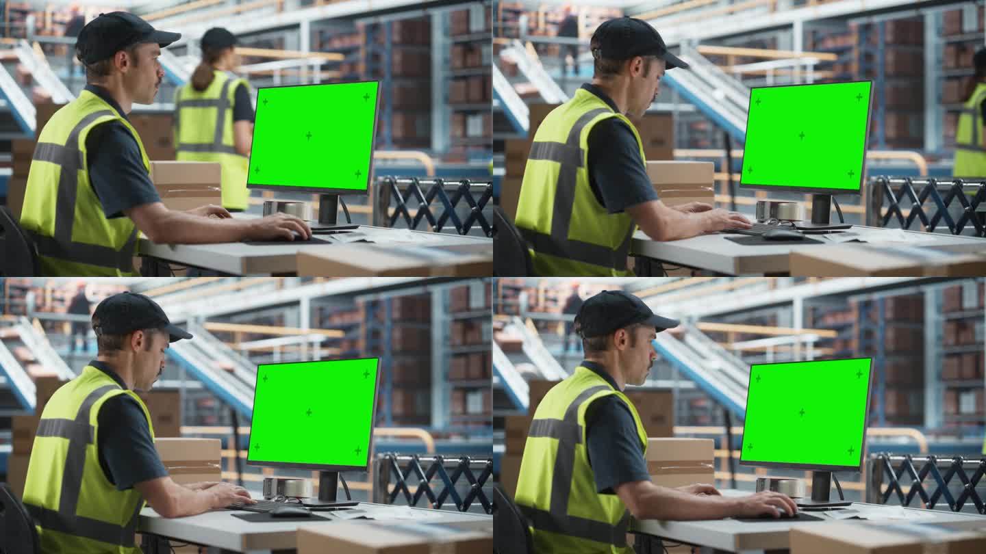 现代配货设施中使用绿屏Chromakey台式电脑的白人男性配货员。不同的员工处理在线订单，在传送带上