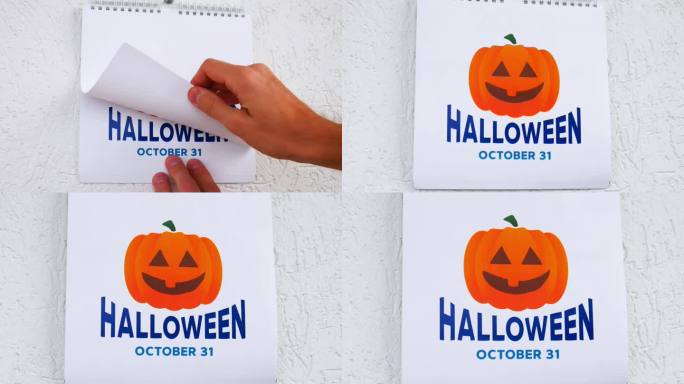 放大画面，一个男人用手撕下一页纸，上面写着“十月”，后面是另一页纸，上面写着万圣节的大南瓜符号和日期