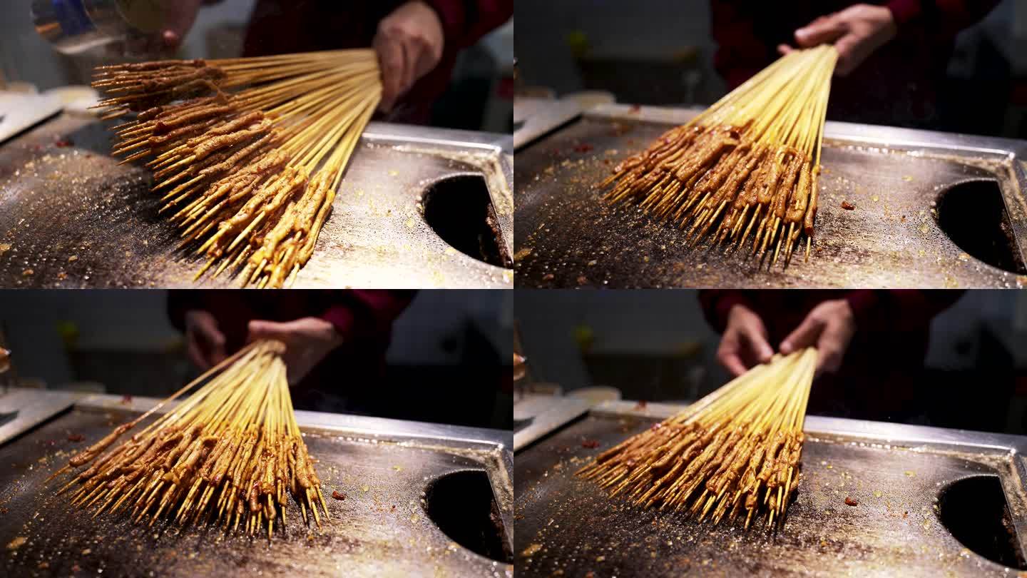 城市街头美食铁板烧烤孜然羊肉小串