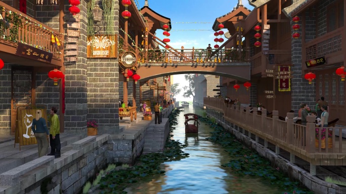 中式古代小桥流水建筑江南水乡三维动画