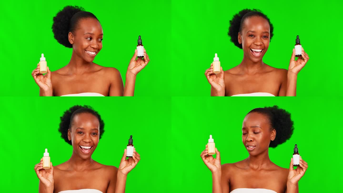 护肤品，产品和推荐与一个黑人妇女在绿色屏幕背景的化妆品广告。肖像、美容和化妆品，一位有吸引力的年轻女