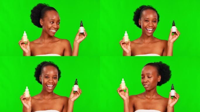 护肤品，产品和推荐与一个黑人妇女在绿色屏幕背景的化妆品广告。肖像、美容和化妆品，一位有吸引力的年轻女