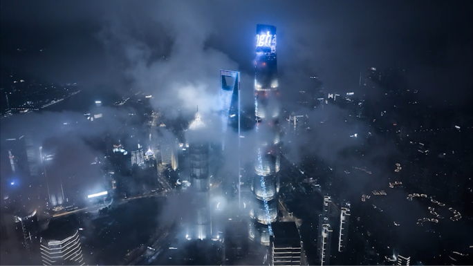 【4K60帧】上海陆家嘴夜景平流雾航拍