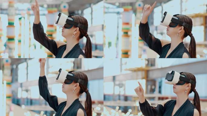 女商人戴着虚拟现实耳机，在虚拟世界中与办公室的数字用户界面进行连接和互动。企业家在一个身临其境的虚拟