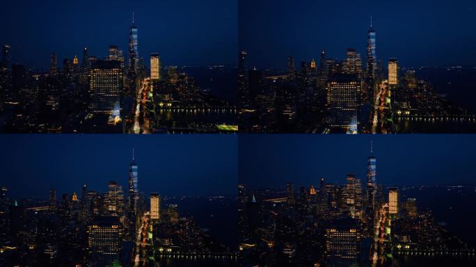 令人惊叹的纽约夜景。无人机镜头在城市上空升起，有数十亿盏灯。