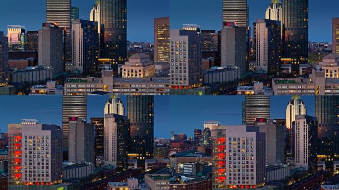 左向建立无人机拍摄的摩天大楼在黄昏的波士顿