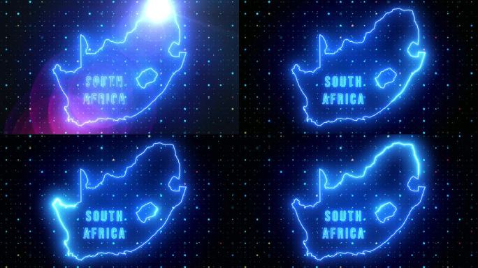 未来的蓝色闪耀南非轮廓地图和标签文本发光霓虹灯耀斑运动揭示与星星闪耀网格