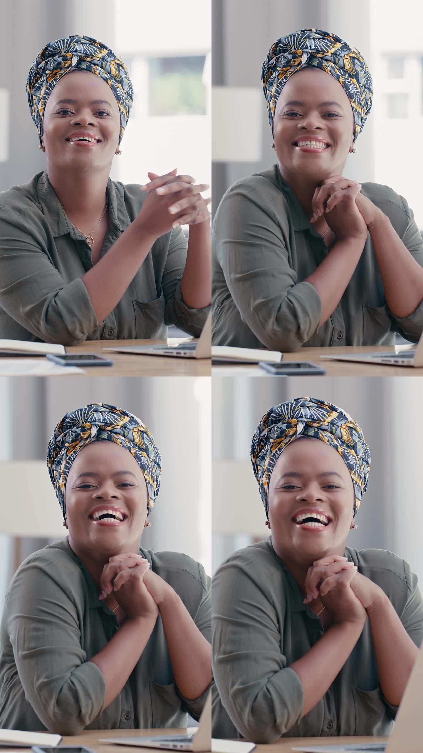 面孔、商业和黑人女性在办公室或公司用笔记本电脑打字。肖像，微笑和非洲专业电脑，创意作家和快乐的企业家