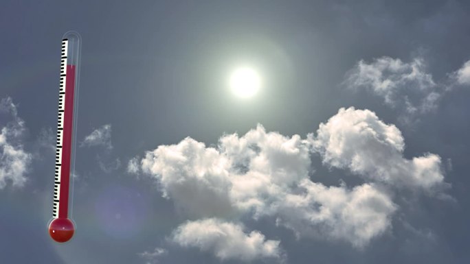 在晴朗的夏日天空的背景下，一个低角度的视角捕捉到一个温度上升的温度计，象征着高温、全球变暖和气候变化