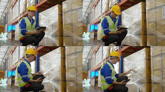 年轻的白种男子仓库工人手持数码平板电脑检查库存管理包装盒。男员工穿着背心，戴着安全帽，在仓库清点箱子
