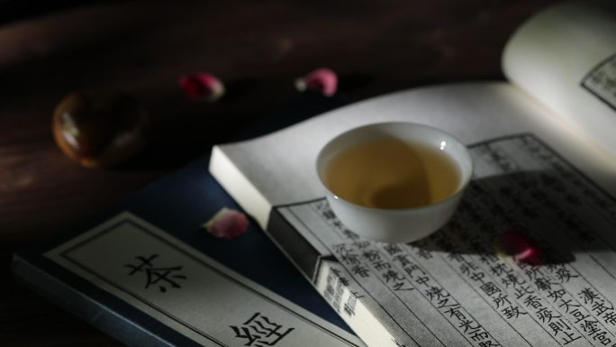 中国茶文化茶经古籍上的一盏茶唯美空镜