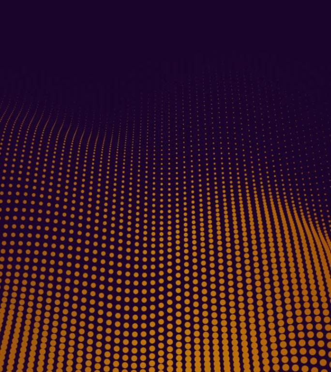 带复制空间的半色调图案循环。抽象的动画。紫色背景上的橙色圆点。垂直视频。